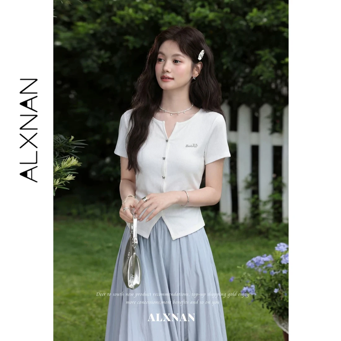 ALXNAN White T-shirt 2026 Summer Elegant Slit Butterfly Button Design Short Sleeve Tees Fashion Slim-fit Female Tops L62922-1