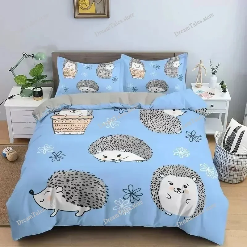 Hedgehog Duvet Cover Set 3D Cartoon Hedgehog Flower Bedding Set Kids Boys Girls Animal Queen Size Polyester Quilt Cover029