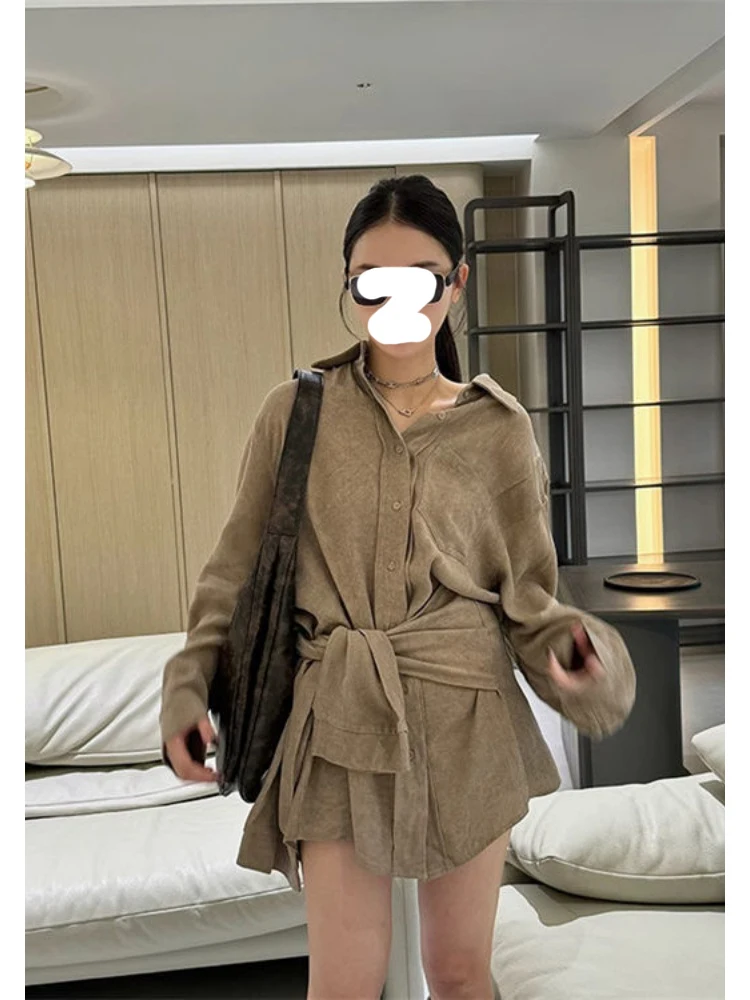 

Retro French Lace-up Niche Khaki X-long Shirt For Women Spring Autumn Solid Loose Folds Versatile Mature Office Lady Cloting