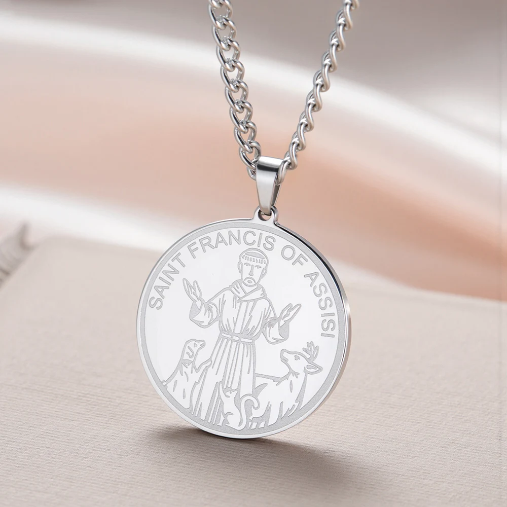 داوابارا سانت فرانسيس من أسيسي قلادة مستديرة ميدالية دينية قلادة حماية تعويذة مجوهرات من صلب لا يصدأ #5