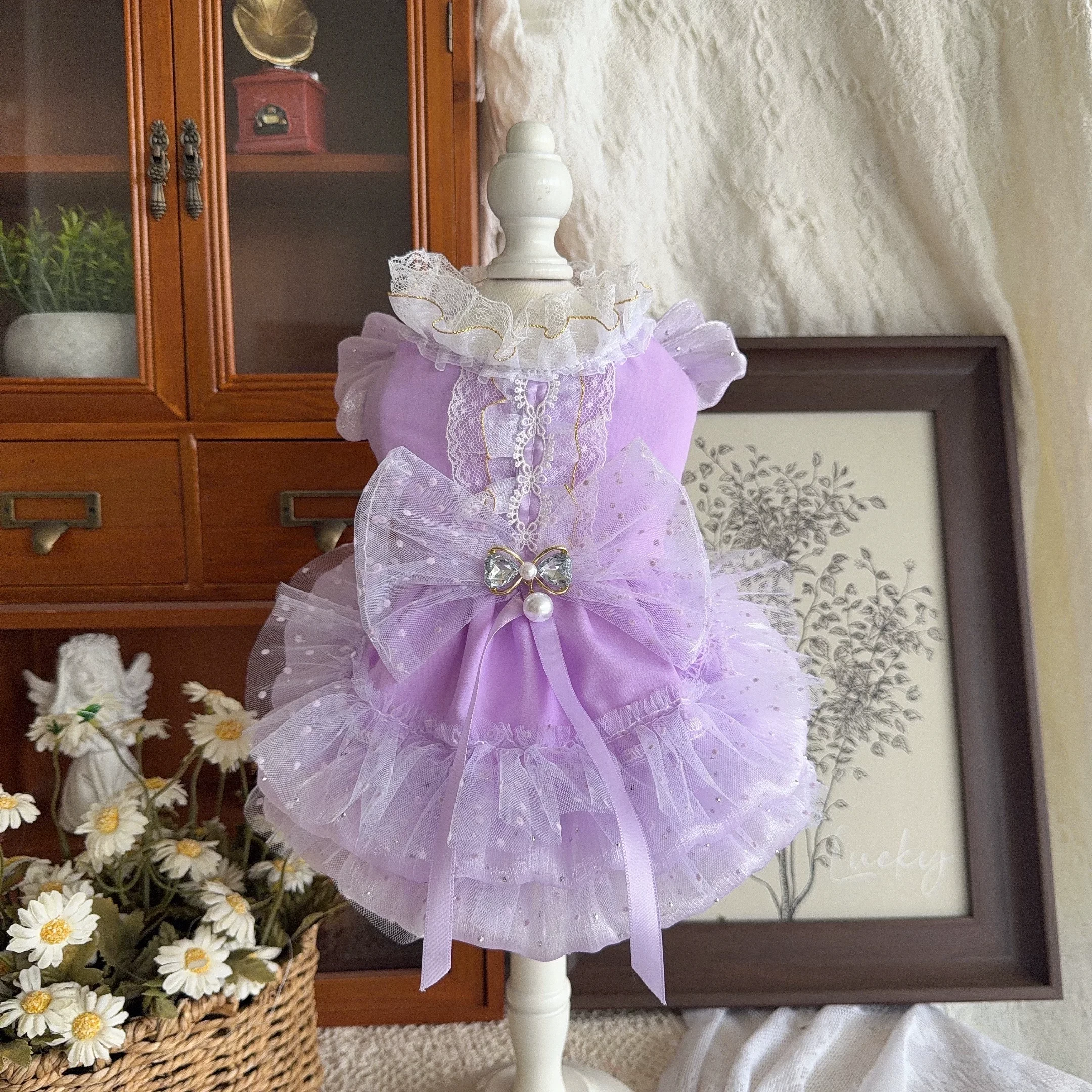 Lolita Princess Pearl Dress Pet Clothes Spring Summer Lightweight Sky Blue for Small Dogs Teddy Cat Cute Ins Style Fashion