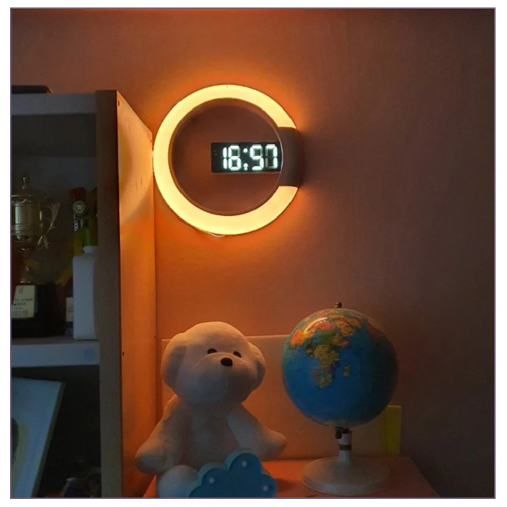 LED Mirror Hollow Wall Clock with Remote Control Round Digital Alarm Clock Wall Decoration Light 7 Color Night Light 12/24H Mode