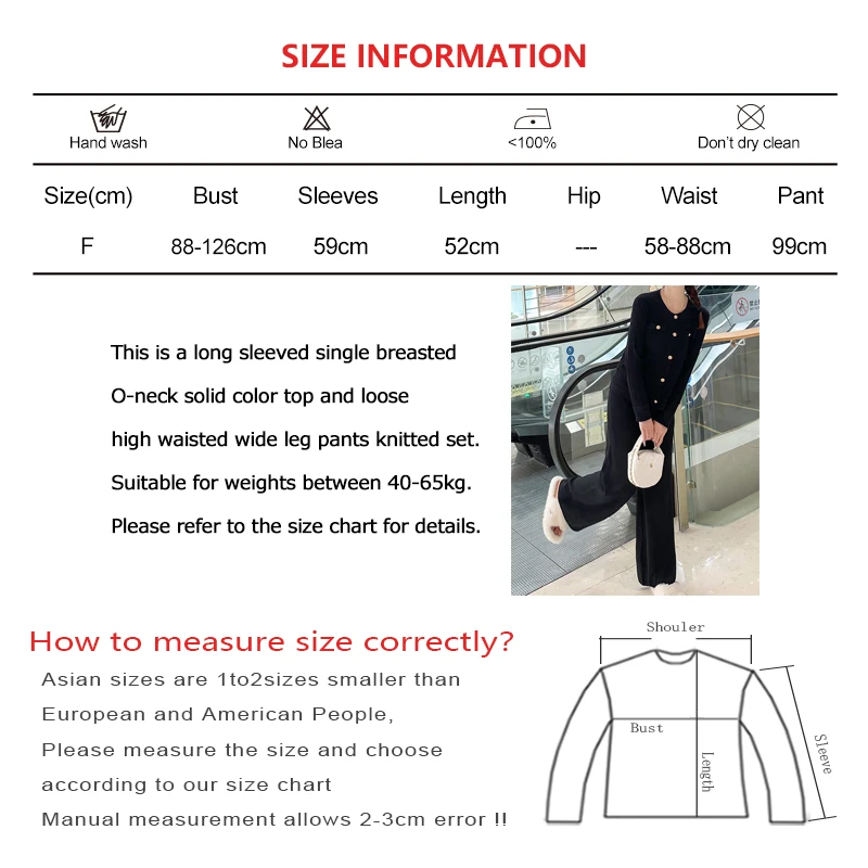 Women New Office Autumn Solid Knit Set Casual Long Sleeved O-neck Single Breasted Tops and High Waist Loose Wide Leg Pants Suit