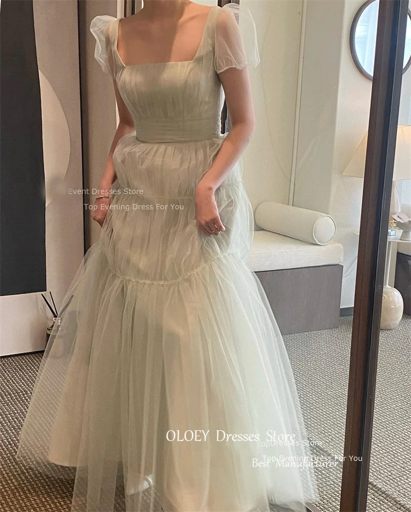 OLOEY Fairy Tulle A-Line Korean Wedding Dresses Photo shoot Puff Short Sleeves Prom Dresses Floor Length Bridal Party Dresses