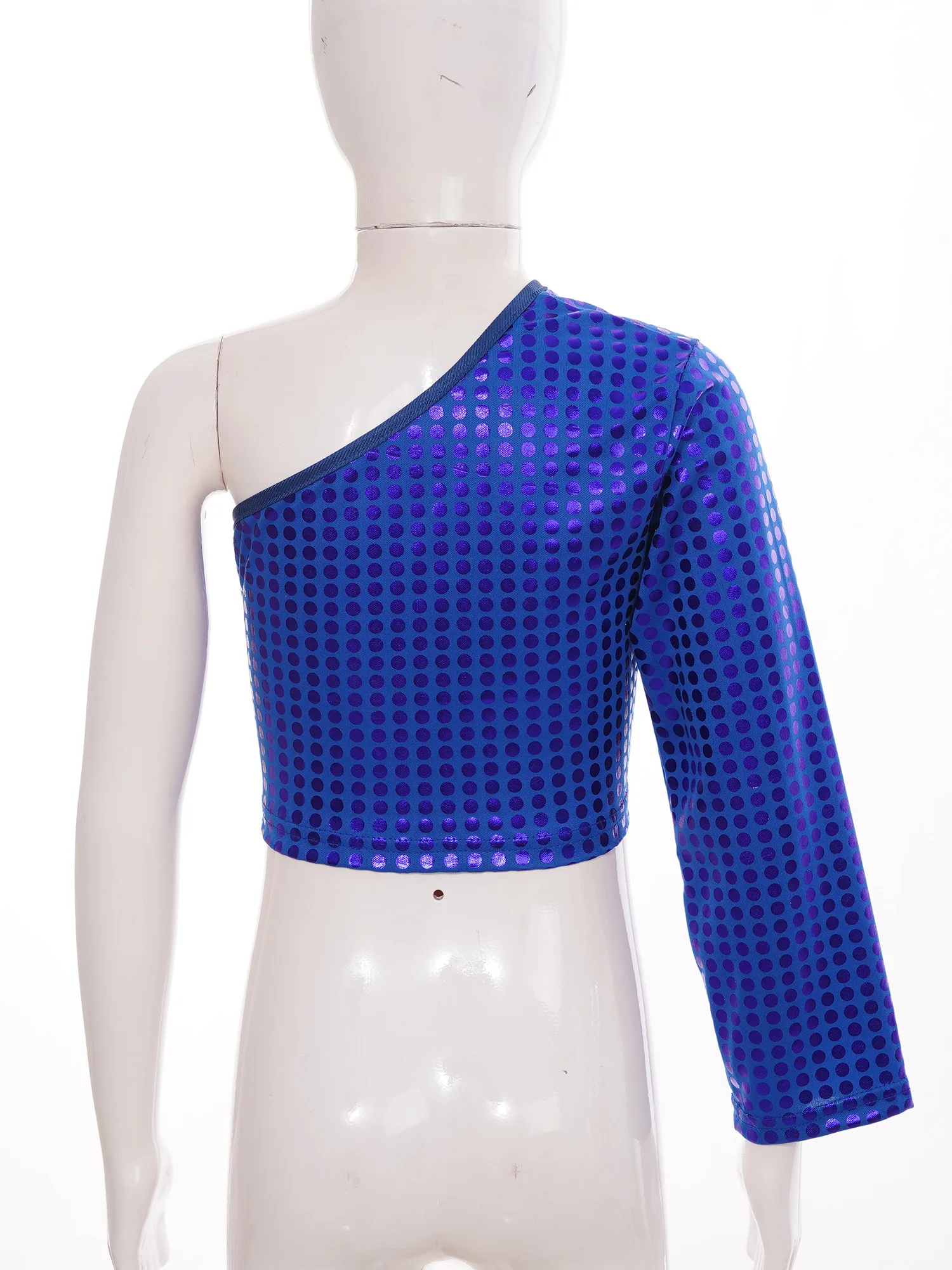 Kids Girls Boys Metallic Shiny Dots T-shirt Fashion One Shoulder Long Sleeve Crop Top Cheerleading Dance Performance Costume