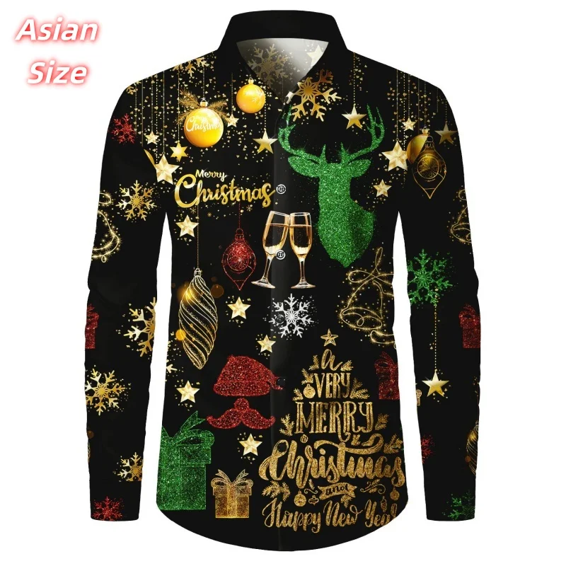 Christmas Thanksgiving Pattern Hawaiian Shirts For Men New Year Santa 3D Print Aloha Shirts Casual Tops Loose Long Sleeve Blouse