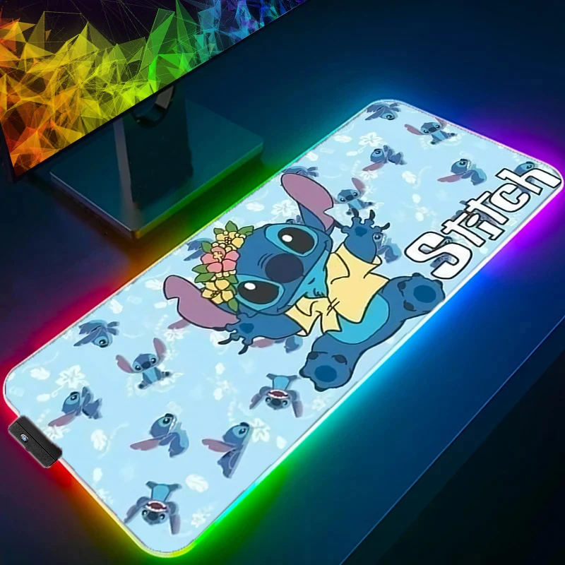 Kawaii Stitch Gaming RGB Mouse Pad Mousepad Anime LED Moused Pad Gamer Desk Mat Custom Pc Accessories HD Picture Keyboard Pad