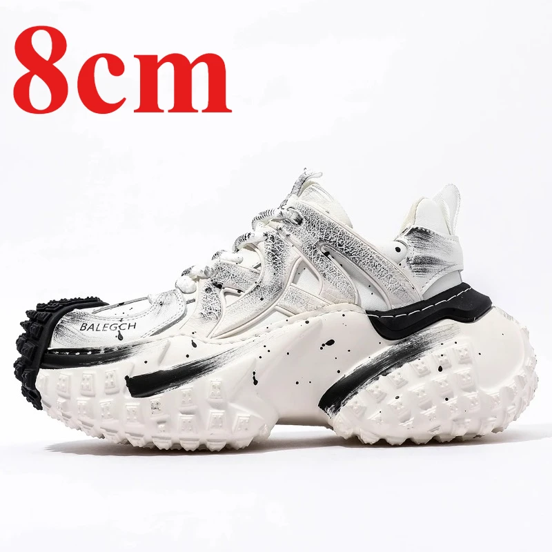 

Retro Trendy White Daddy Shoes for Men's 8cm Platform Sports Leisure Shoes Genuine Leather Comfortable Height Increasing Shoes