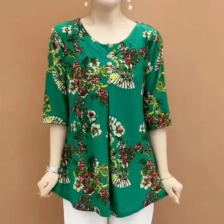 Vintage Printed Casual 3/4 Sleeve Blouse Spring Summer Round Neck Button Female Clothing Stylish Loose Midi Shirt Commute