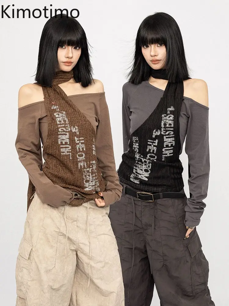 Kimotimo Letter Print Fake Two Piece Long Sleeve T-shirts Women American Retro Spicy Girl Slim Slash Neck Tops Punk Grunge Tees