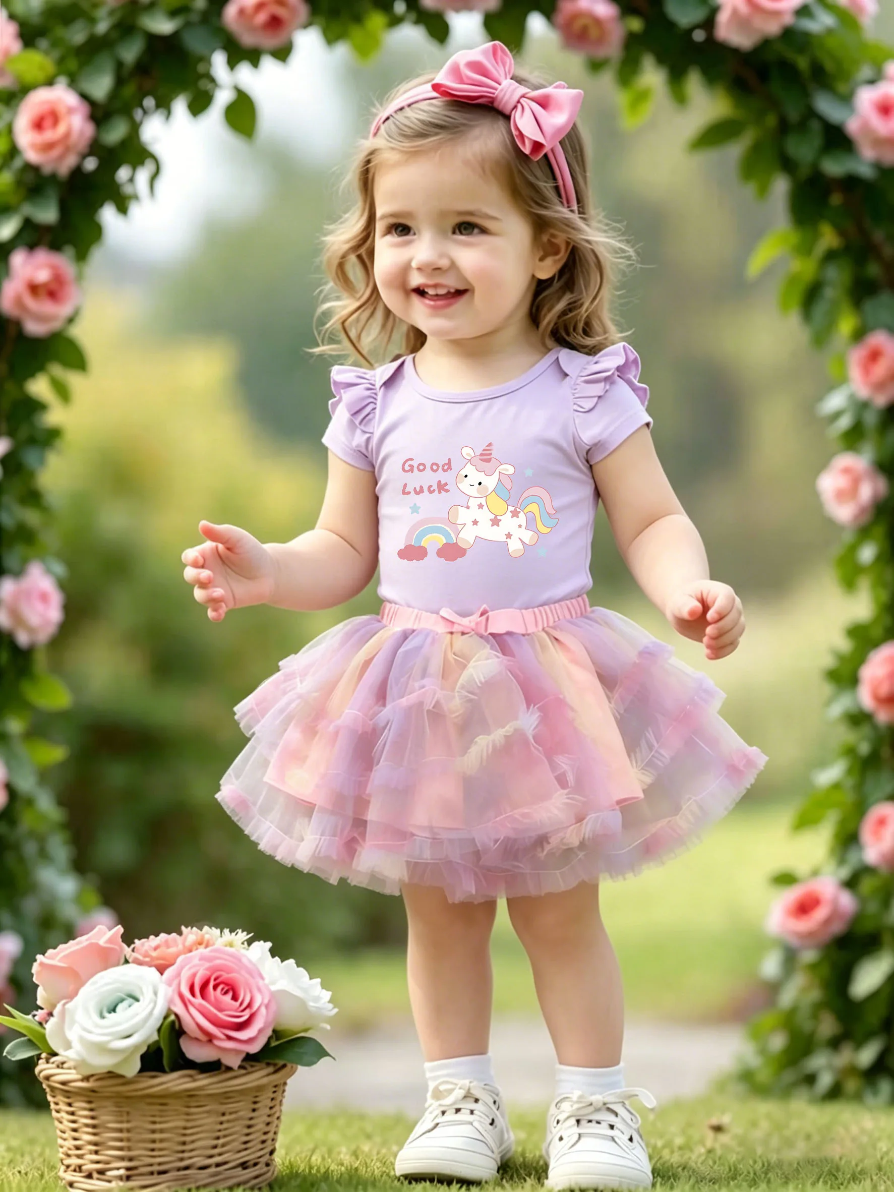 Super Girly! Unicorn Print Girls Ruffle Sleeve Dress, Dreamy Tulle Tutu Outfit