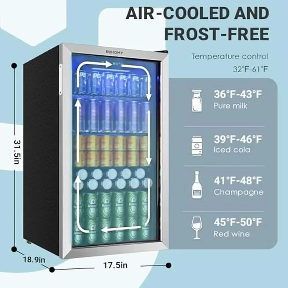 Glass Door Beverage Mini Fridge Cooler with Adjustable Shelves 126 Can Capacity Quiet Advanced Cooling System LED Lighting