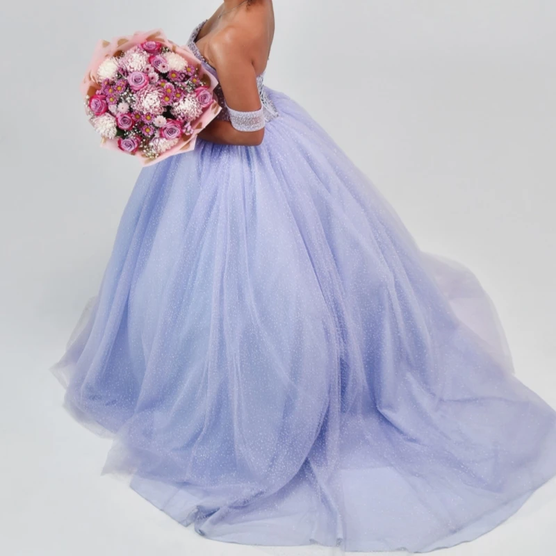 Blau glänzende Quinceanera-Kleider, Ballkleid, schulterfrei, mit Perlen verziert, Kristallkorsett, Tüll, Party, Geburtstag, süßes 16-Kleid, Vestidos 15
