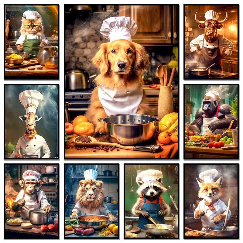 Affiches et images de Chef d'animaux, gorille, Lion, renard, chat, chien, raton laveur, peinture sur toile, Restaurant, cuisine, salle à manger, décor artistique mural