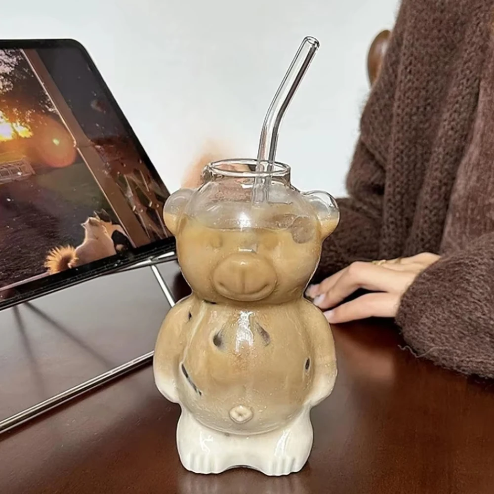 320ML Creative Cute Bear Coffee Mug with Straw Transparent Cup Beer Milk Coffee Water Cups Wholesale Glass Drinkware Mug Set