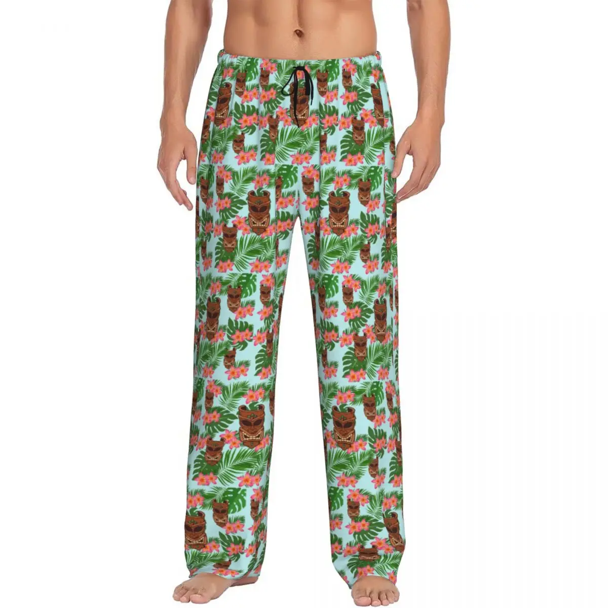 Custom Hawaiian Tiki And Hibiscus Print Pajama Pants Men Sleepwear Sleep Lounge Bottoms with Pockets