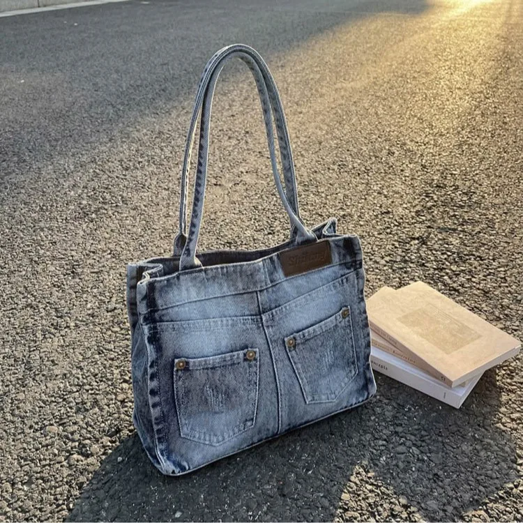 Korean Vintage Distressed Denim Tote Bag For Women Unique Pocket Decor Shoulder Bag Art Versatile Casual Work School Handbag