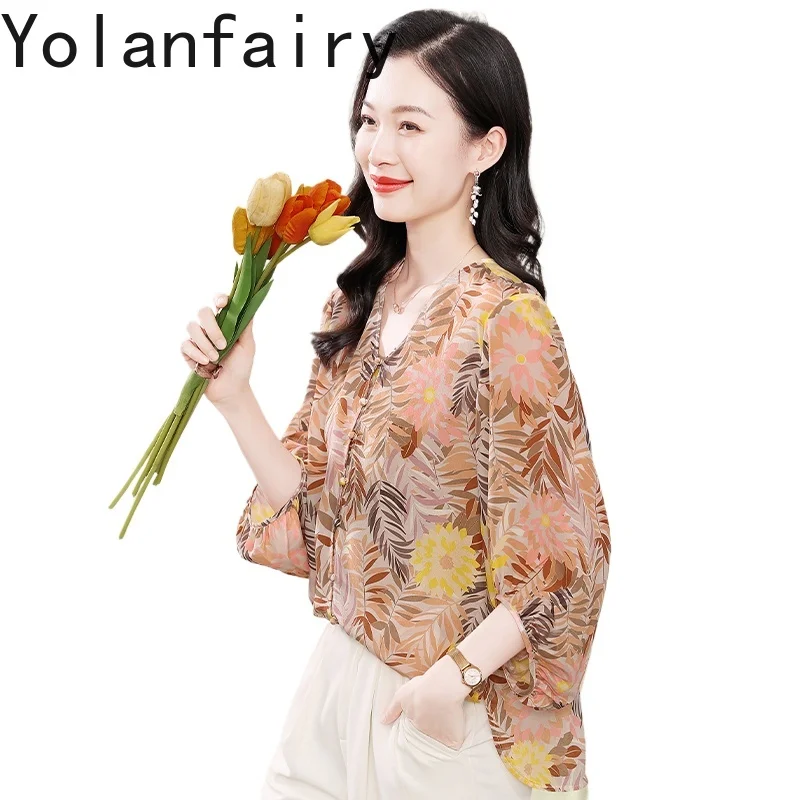 

YOLANFAIRY 100% Natural Mulberry Silk Shirts for Woman Summer Light Luxury Loose Printed Women Shirt Tops V-neck T Shirts Female
