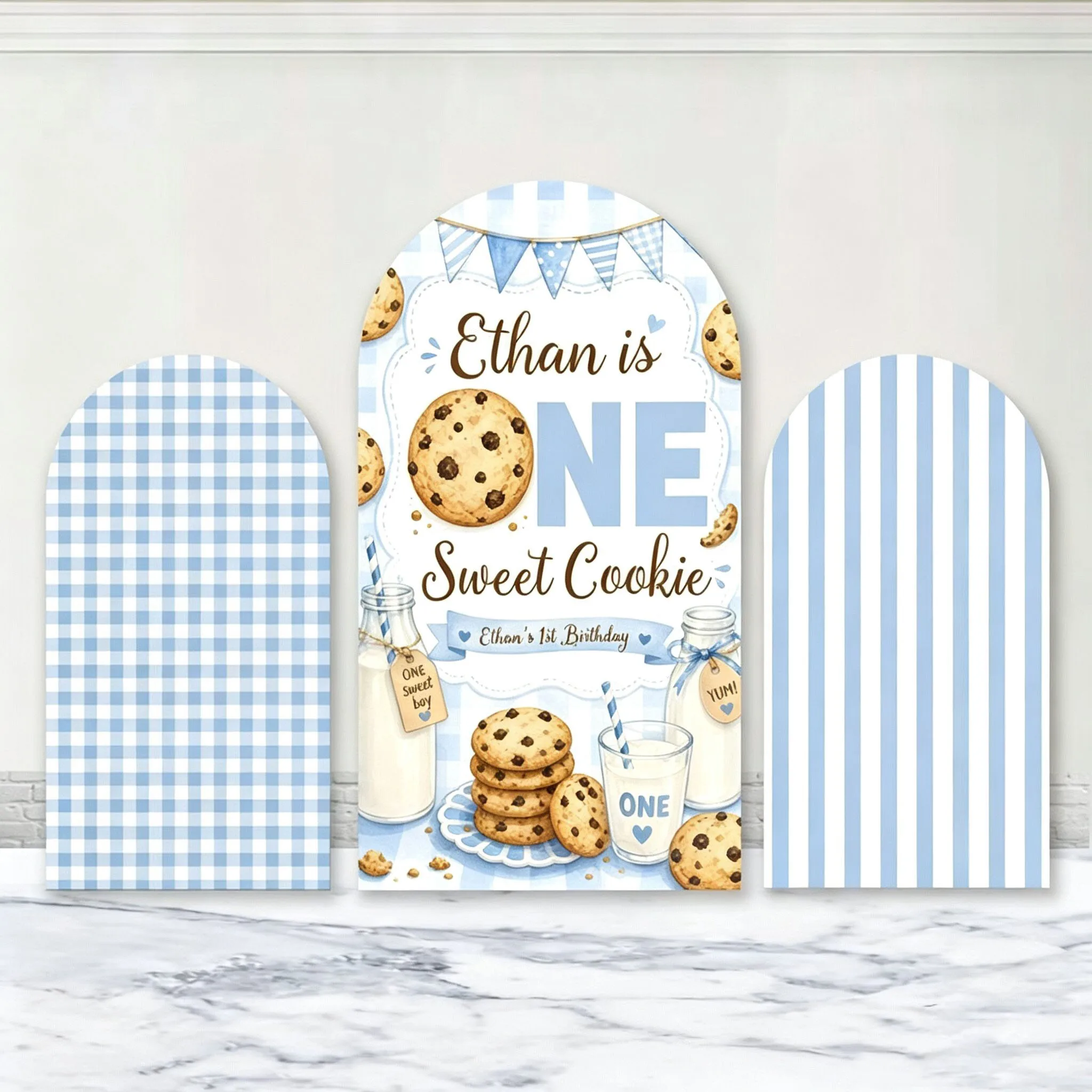 Custom 2-Side One Sweet Cookie Baby Shower Arch Backdrop Cover Milk And Cookies Blue Gingham Stripes Birthday Party Decor