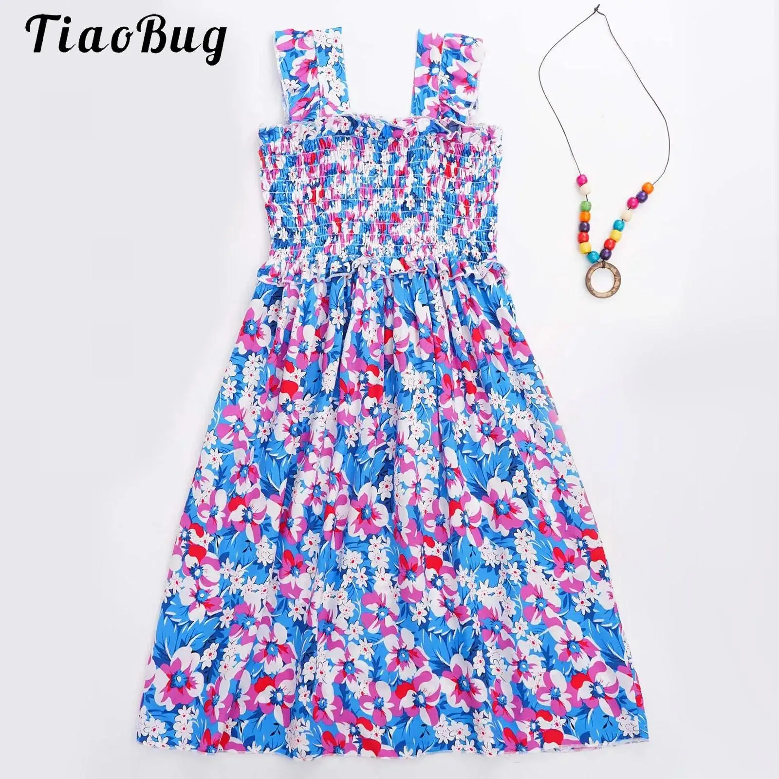 

Girls Summer Ice Silk Printed Beach Dress Kids Spaghetti Straps High Waist Smocked Dress Ruffled Sundress+Necklace Holiday Set