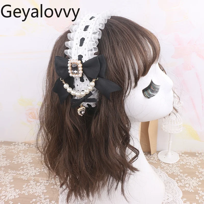 Handgemachte Original japanische Haarschleife Schwerindustrie Perlenschleife Haarnadel Strass Spitze Licht Lolita Stirnband japanische Kopfbedeckung