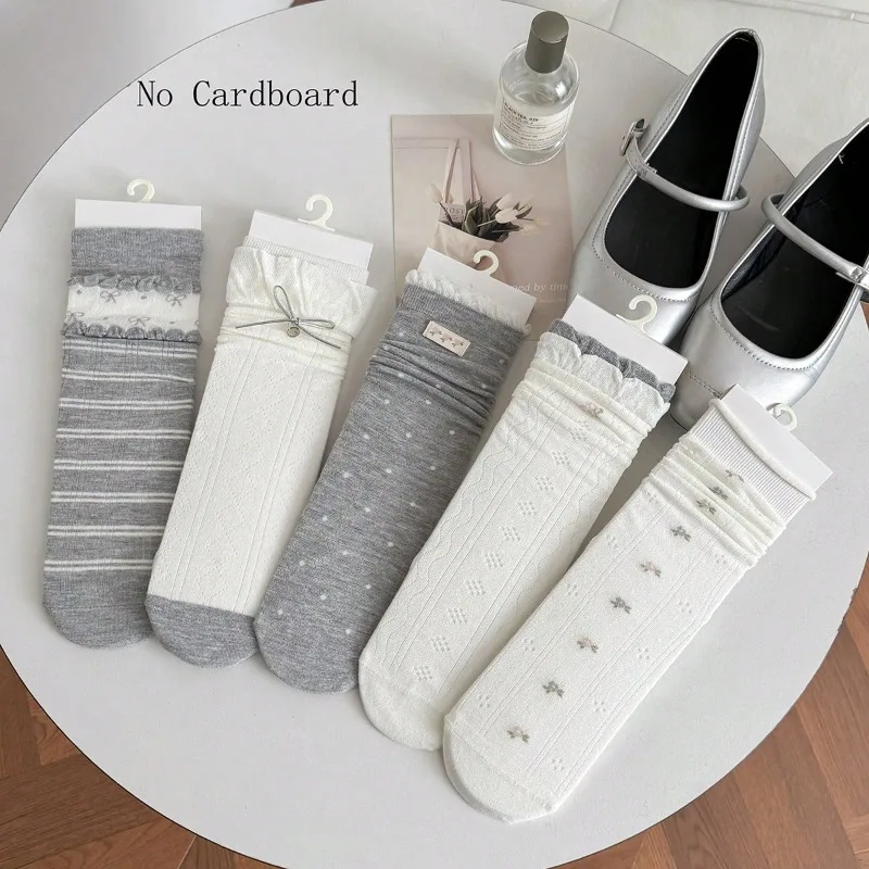 Damen Lange Socken Neue Mode Niedliche Blumen-Schleife Frühling Sommer Dünne Punkte Socken für Frauen Hochwertige Weiße Mädchensocken