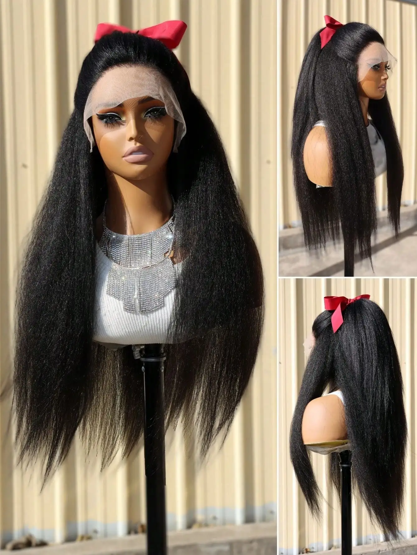 Perruque Lace Front Wig synthétique Yaki longue et douce, cheveux crépus lisses, noir naturel, 13x4, densité 180, sans colle, pour femmes