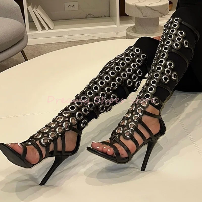 

Rainbow Metal Buckle Hollow Stiletto Sandals Women Black Open Toe Back Zipper Knee High Boots Sexy Fashion Party Runway Shoes