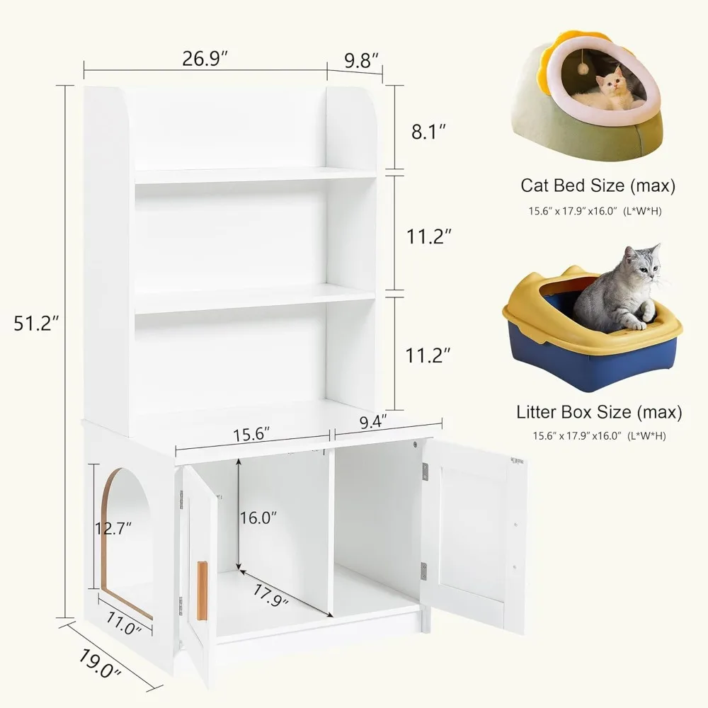 Tall Cat Litter Box with 2-Tier Storage Shelves and Doors, Cat Washroom Furniture, Indoor Cat Litter House, Cabinet, White