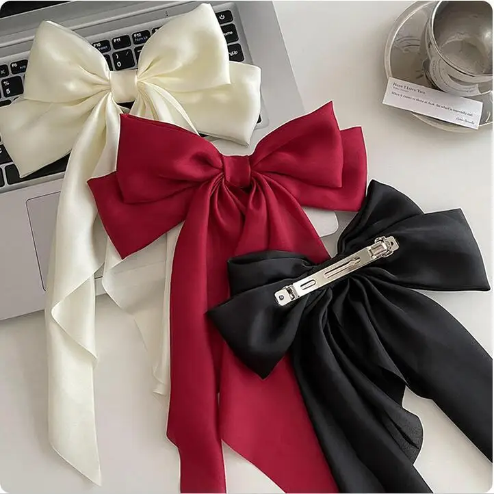 3PCS Silky Solid Color Satin Ribbon Bows Hair Clips Bowknot Spring Hairpins Hair Accessories For Women Girls Trendy Headwear