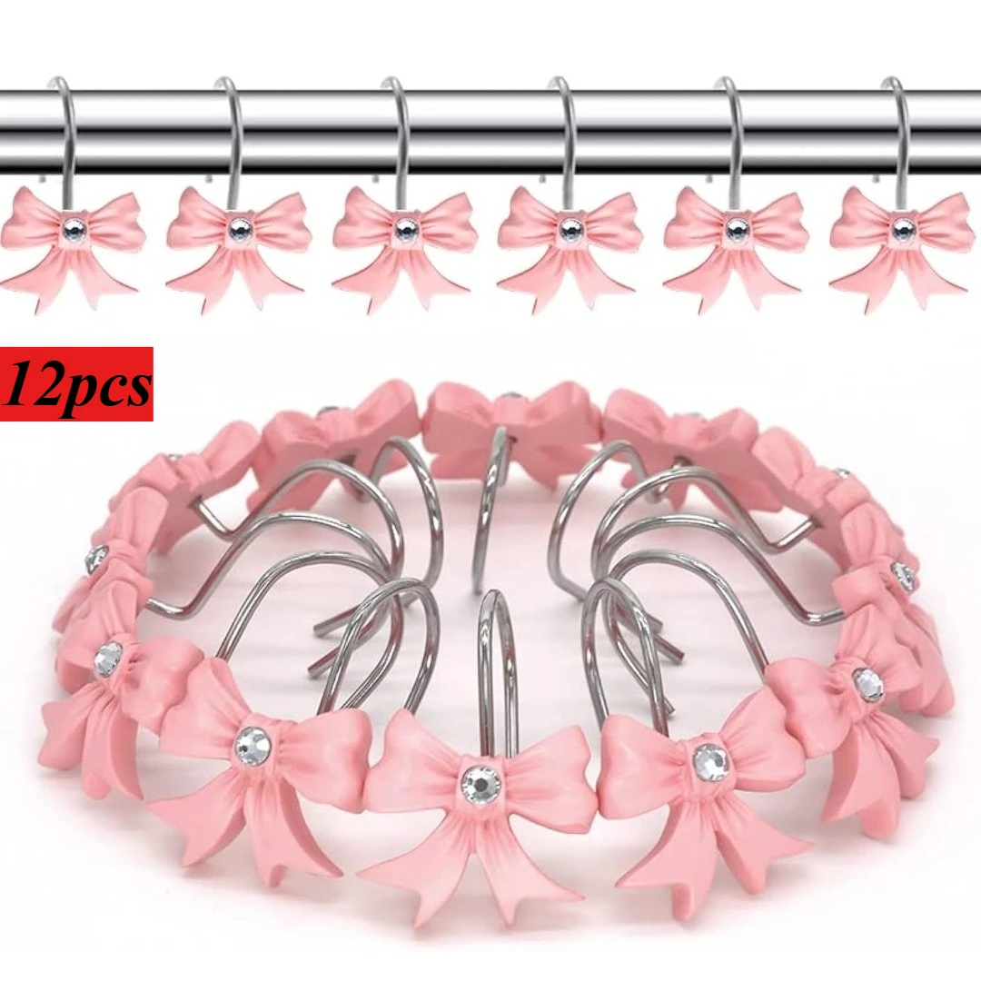 12pcs Creative Fashion Bow Tie Shape Hooks Glide Shower Ring Hangs Holder For Bathroom Decorative Shower Curtain Hooks