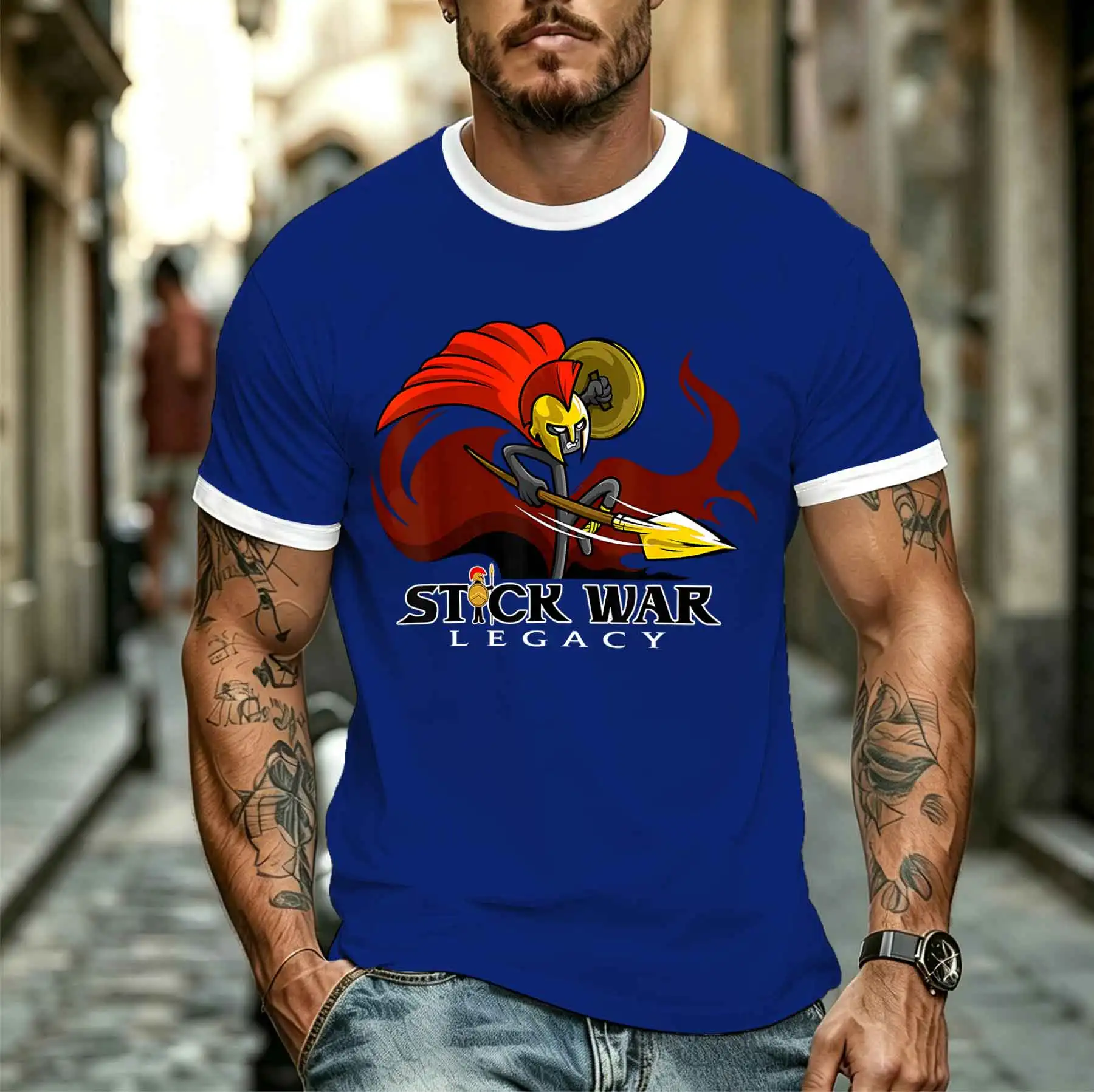 2026 new model Tee Stylish Comfortable Men's Stick War SpartanPrint T-Shirt Retro Game Style Trendy Casual Top Tee for Daily Wea