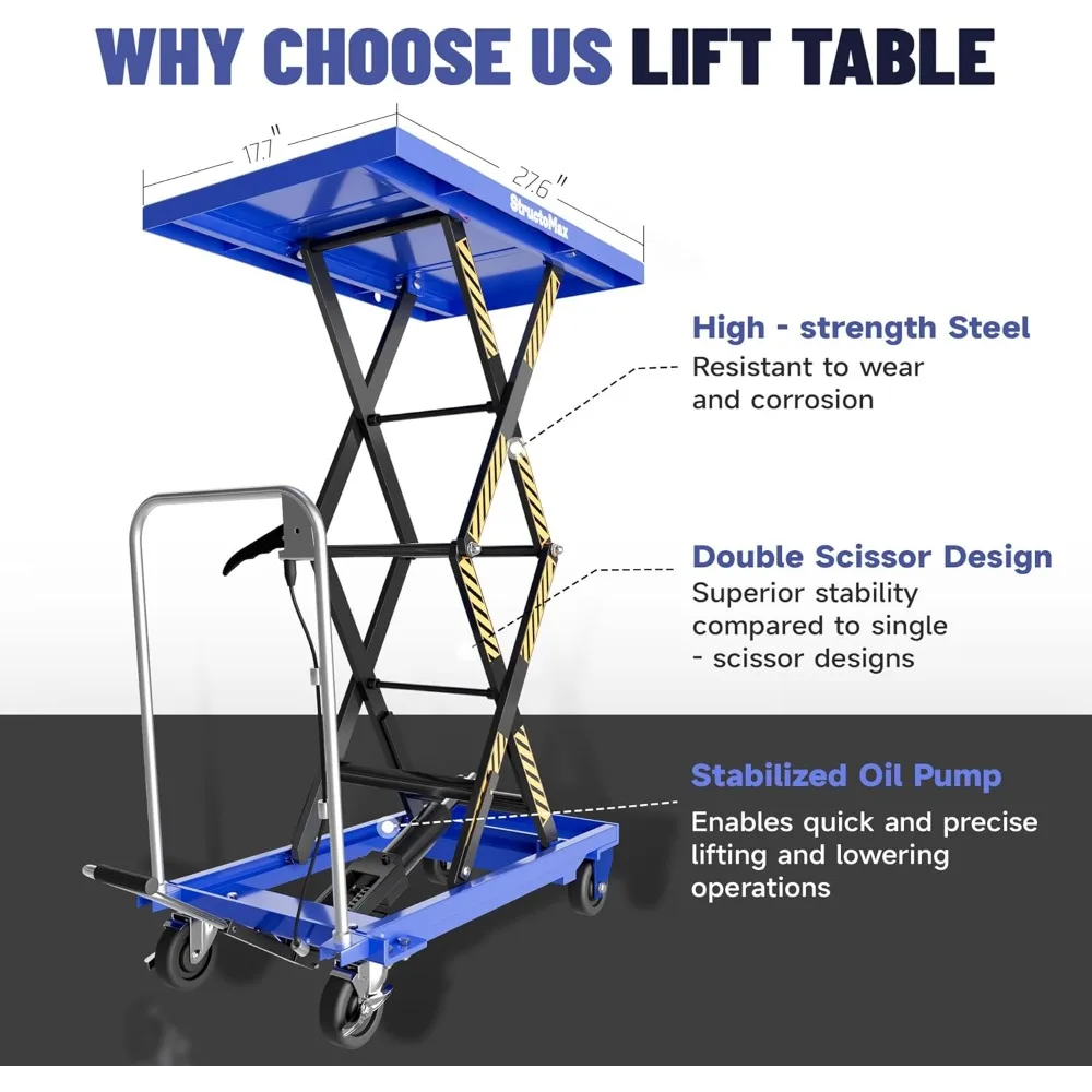 Hydraulic Lift Table Cart - Double Scissor Lift Design, 330lbs Capacity, Easy Operation with Locking Swivel Casters - for Materi