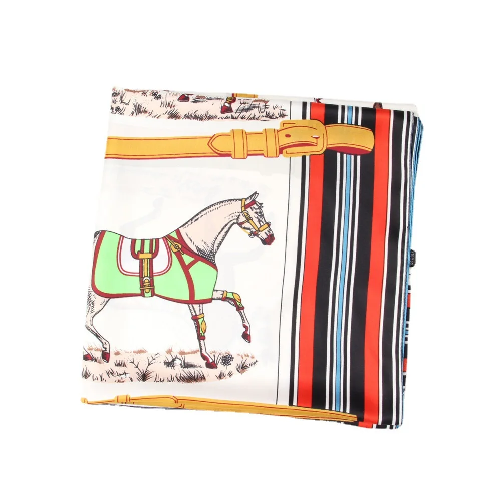 130*130cm Twill Silk Scarf Women Luxury Horse Chain Print Square Bandana Shawl Echarpe Kerchief Hijab Female Foulard Beach Towel