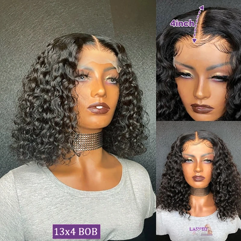 Bouncy onda de água curto bob peruca 13x4 perucas frontais do laço pré-sublado nós profundo encaracolado perucas de cabelo humano brasileiro 1b cor natural