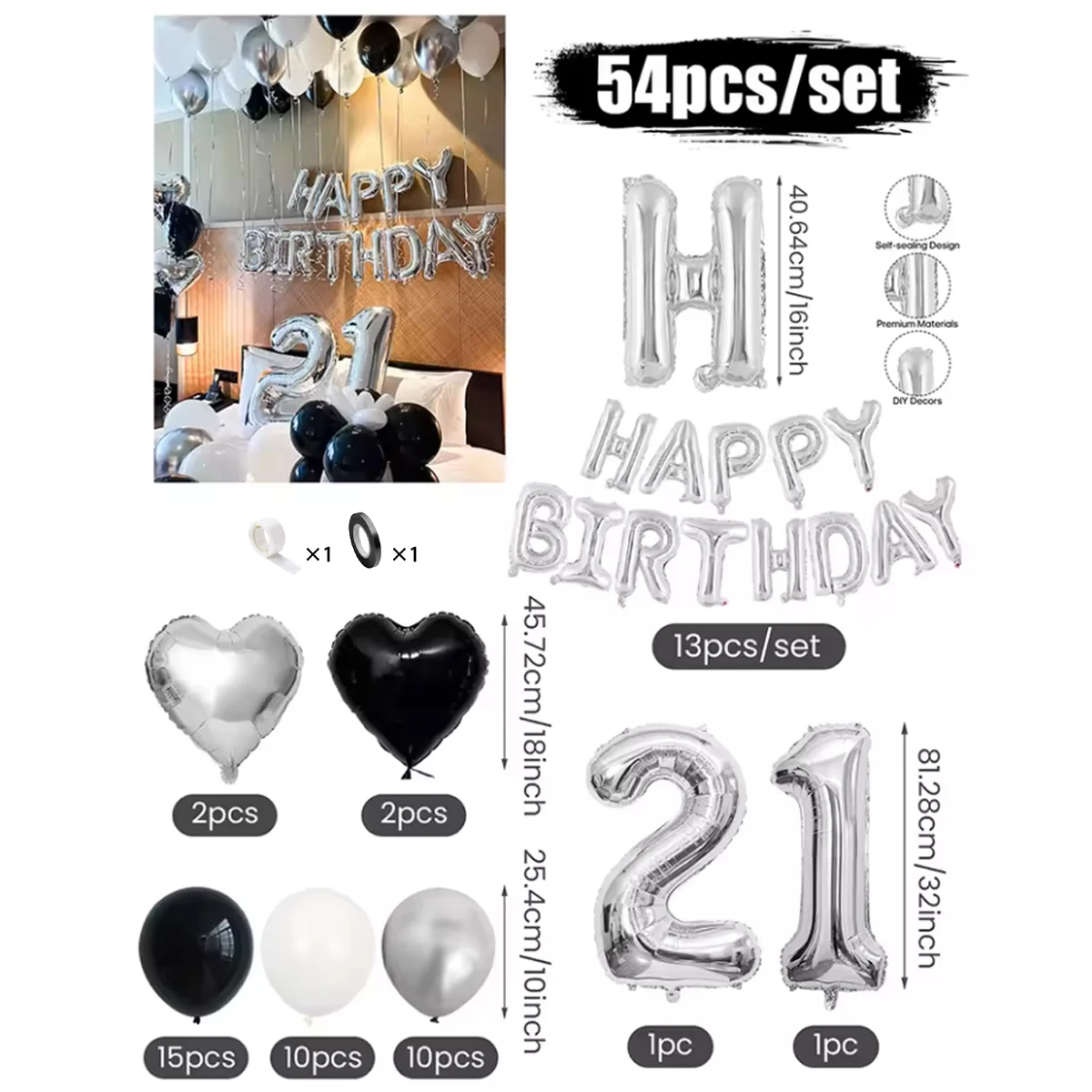 30/54 Stück Schwarz-Weiß-Ballons, Silberne Banner-Ballons, geeignet für Geburtstagsdekoration und Feiertagsdekoration – Detail 10