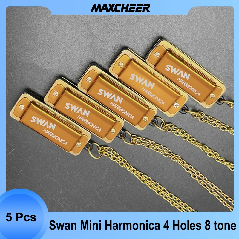 5Pcs Swan Mini Harmonica 4 Holes 8 Tones Harmonica Mouth Organ Metal Chain Necklace Style