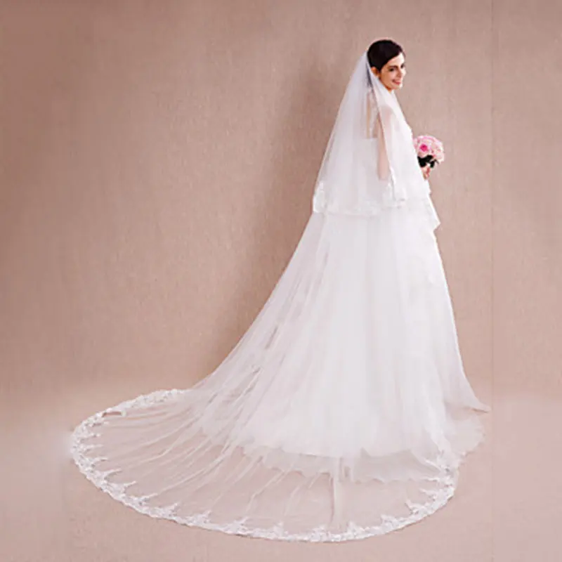 White Ivory Two-tier Cathedral Veils Lace Applique Edge Bridal Veil with Comb Wedding Accessories Veu De Noiva