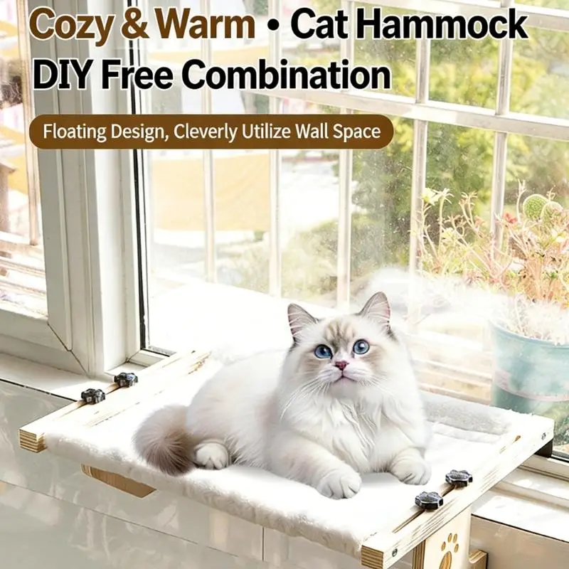 Hanging Cats Sun Bath Bed With Removable Soft Cushion For Window Sill Cats Tree Stable Wooden Frame And Nonslip Design B03E