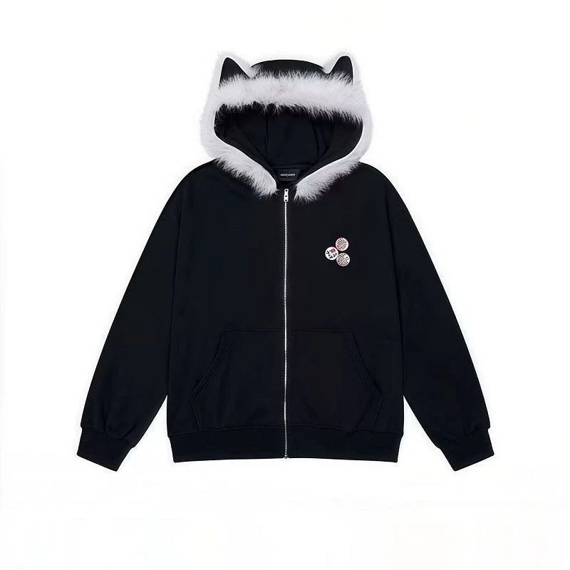 Y2k Kawaii Long Sleeve Jacket Hooded Cat Ears Women Casual Sweet Faux Fur Coat Slim Solid Color Cute Japan Style Hoodie Zipper