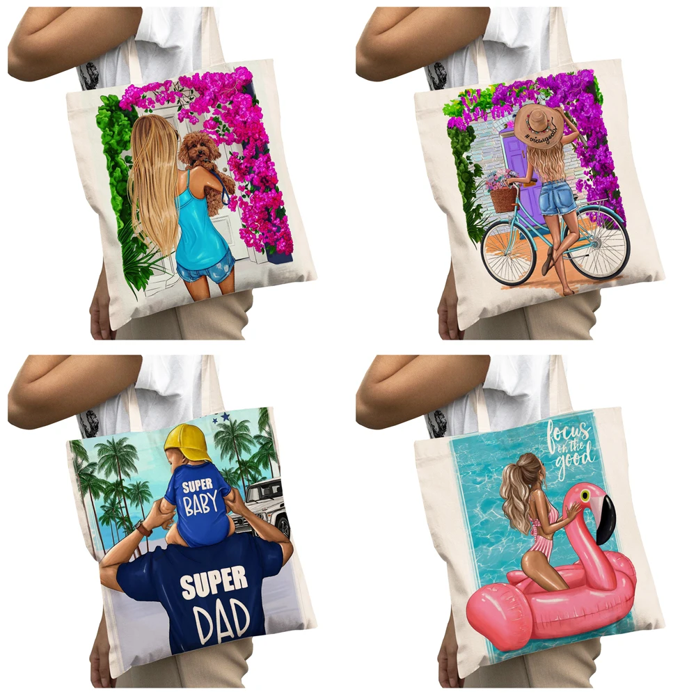 Casual Super Mama  Big Capacity Shopper Bag Fashion Cartoon Lady Canvas ECO Student Tote Handbag Women Shopping Bags