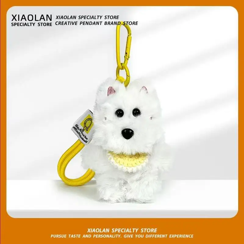 Westie – porte-clés chiot en peluche douce, mignon, ornements de voiture, décoration de sac à dos, Mini poupée au Crochet faite à la main, cadeau d'anniversaire