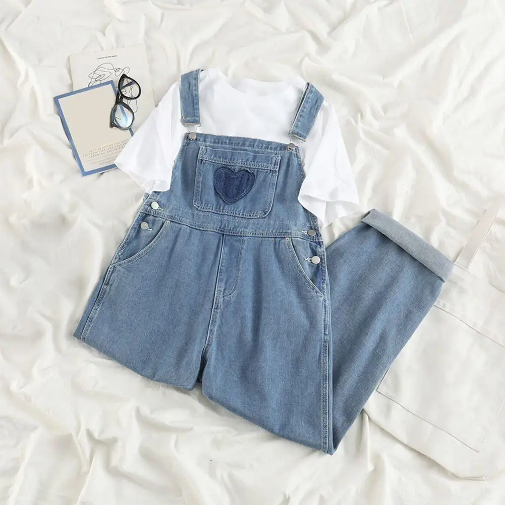 Denim Overalls for Women Loose Fit Classic Bib Casual Jean Denim Overall Jumpsuit Tapered Leg Jean Pants with Front Heart Pocket