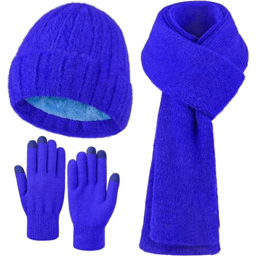 الشتاء قبعة قبعة وشاح قفازات، الدافئة الصوف متماسكة قبعة وشاح طويل الرقبة أدفأ شاشة تعمل باللمس قفازات الشتاء مجموعة هدايا للنساء
