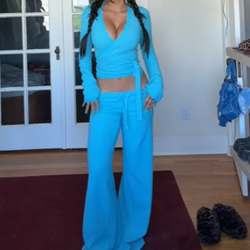 

Casual Two-Piece Set For Women Scallop V Neck Wrap Tie Side Long Sleeve Top Drawstring Wide Leg Pants Suit Lady's Lounge Outfit