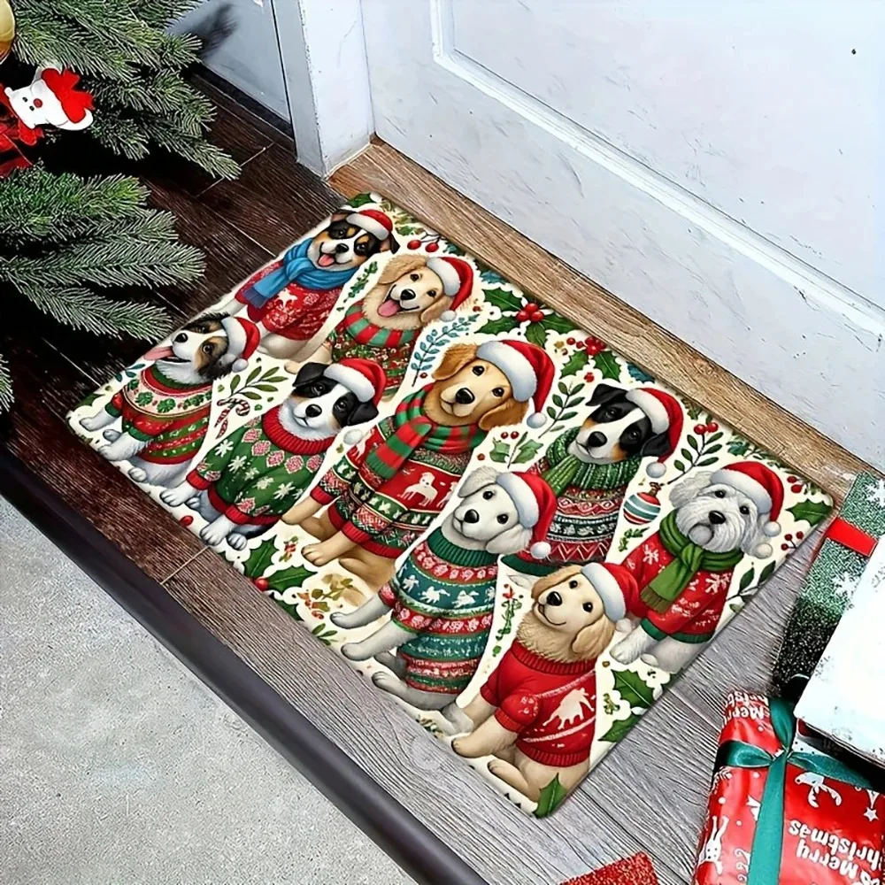 1pc Christmas Dog Mat: Merry & Bright , Holiday Indoor and Outdoor Rear Front Door Welcome Mat Winter Door Mat.