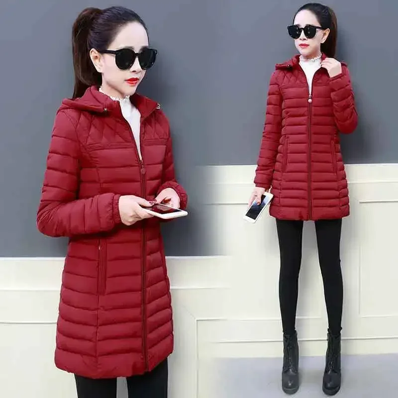 New Women Winter Hooded Warm Coat Slim Candy Color Cotton Padded Basic Jacket Female Medium-long jaqueta feminina