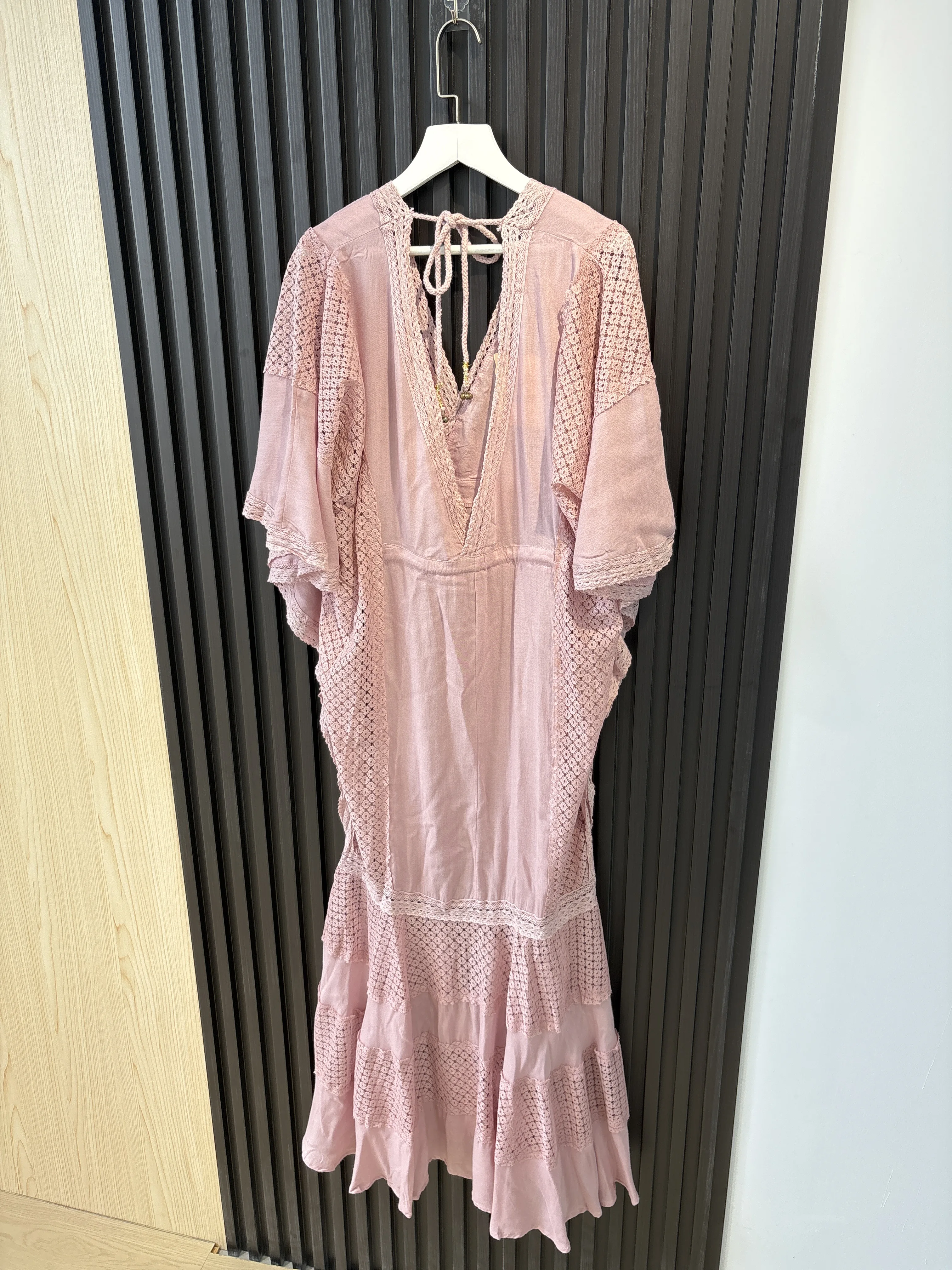 Jastie Boho Maxi vestido de verano para mujer, manga de murciélago hueca, cuello en V, vestidos sueltos con cordón, Color sólido, bata turca informal de playa