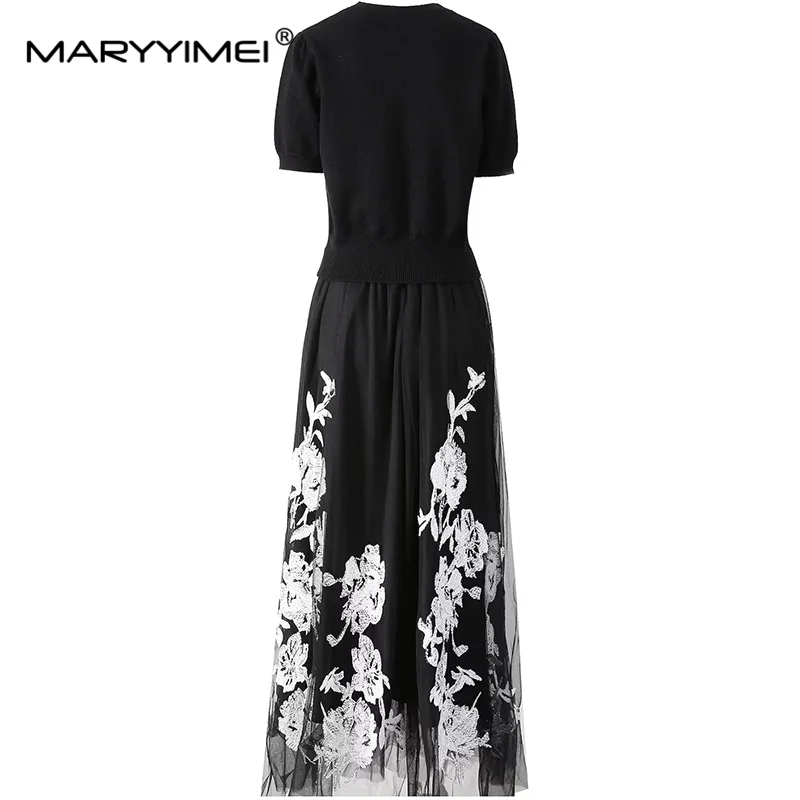 MARYYIMEI Summer Women's Suit Short-Sleeved Wool Knitted Fabric Tops+Lace-Up Pleated Skirt Embroidery Two Piece Set