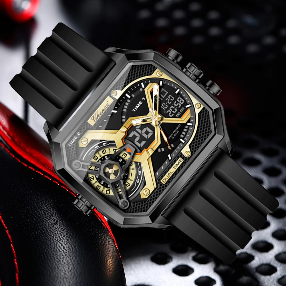 

CHENXI Роскошные военные уличные мужские часы со светодиодным дисплеем, светящиеся водонепроницаемые кварцевые спортивные наручные часы с многофункциональными